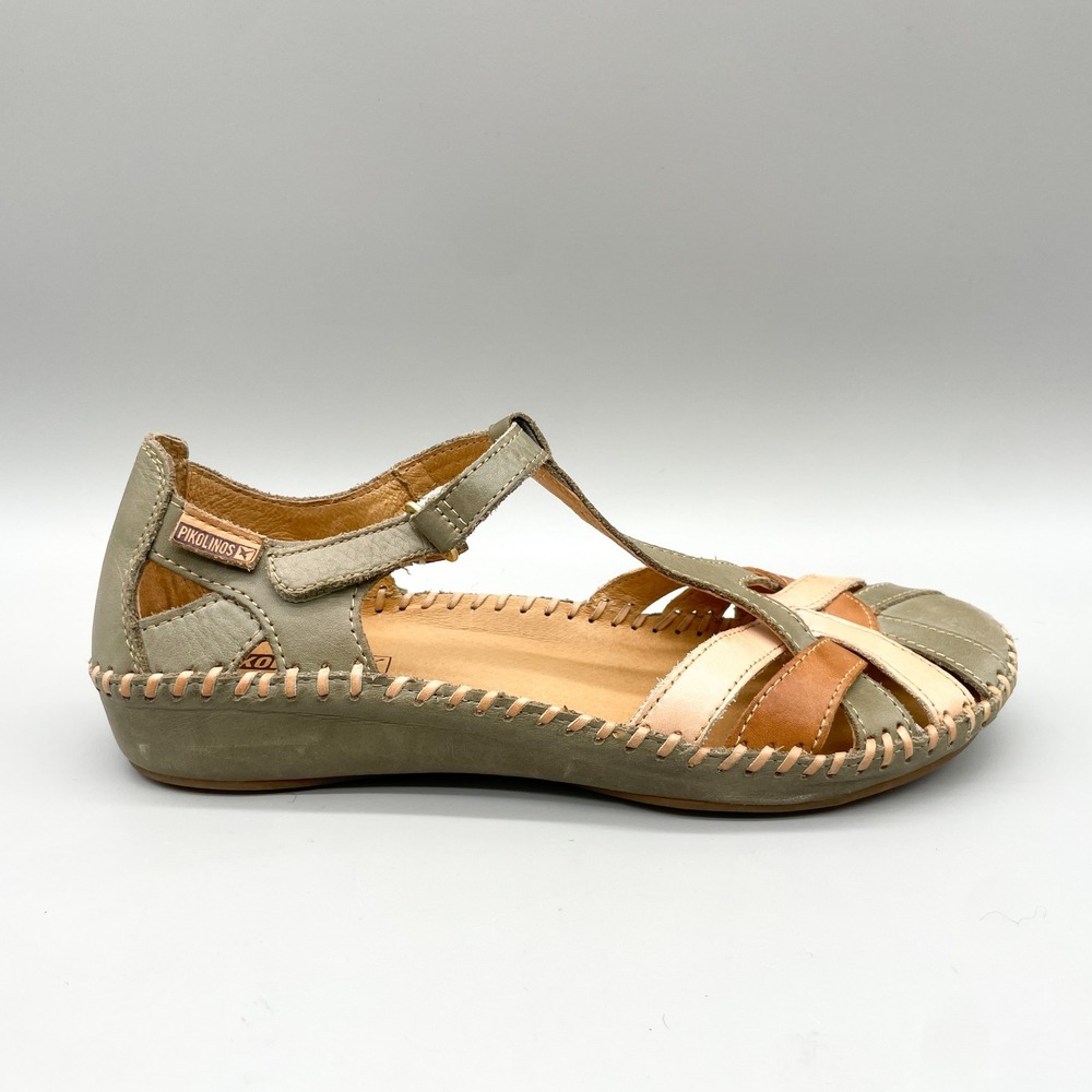 Pikolinos Puerto Vallarta Womens 39 8.5 Tan Green Leather T Strap Sandals Boho